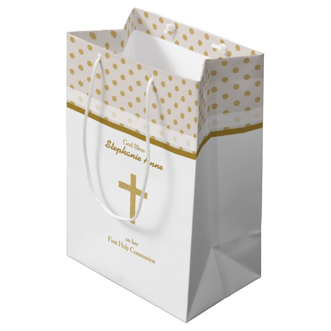 Sacola Para Presentes Média bege comunitário com Bolinhas Douradas (Frente inclinada)