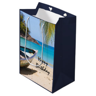 Sacola Para Presentes Média Bela praia tropical com um Aniversário de Rowboat