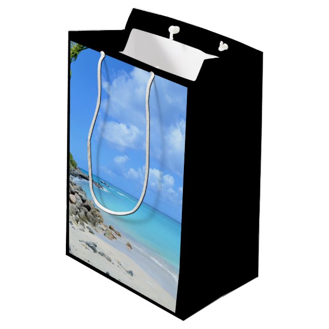 Sacola Para Presentes Média Bela Praia Tropical Turquesa (Verso inclinado)
