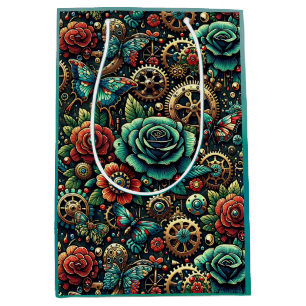 Sacola Para Presentes Média Belas Engrenagens e Rosas Temáticas Steampunk