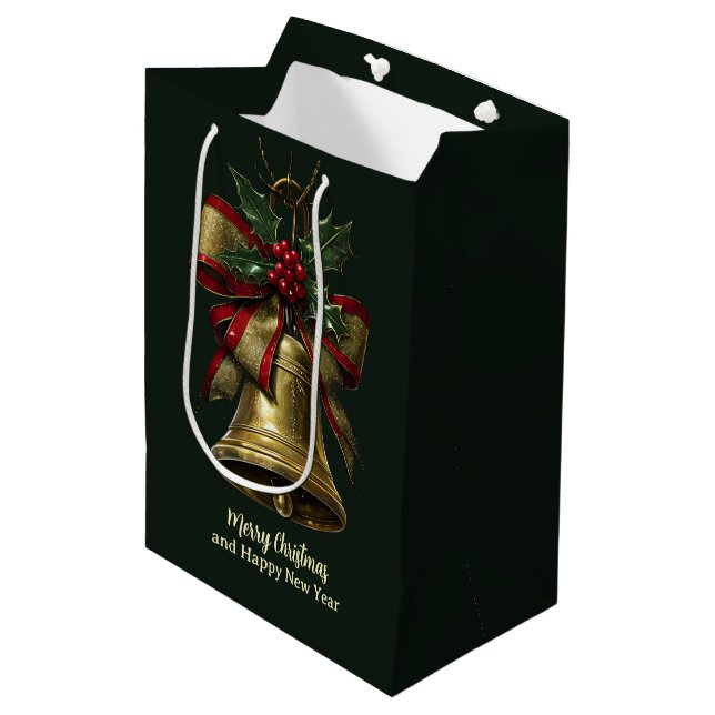 Sacola Para Presentes Média Bell Dourado Elegante de Natal com Arco Festivo Ho (Frente inclinada)