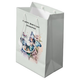 Sacola Para Presentes Média Belo Aniversário de Borboletas e Flores