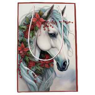 Sacola Para Presentes Média Belo Cavalo Branco com Flores Vermelhas no Natal