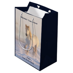 Sacola Para Presentes Média Belo Cavalo Branco no Natal da Neve