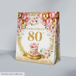 Sacola Para Presentes Média Belo e Dourado Numero, 80, Aniversário, Flores