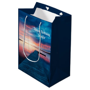 Sacola Para Presentes Média Belo pôr do sol no calm Lake Birthday