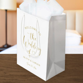 Sacola Para Presentes Média Bem-vindo ao Casamento com Letra de Coração Dourad