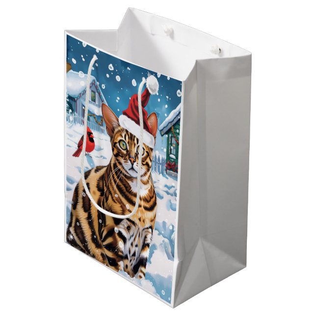 Sacola Para Presentes Média Bengal Cat Winter Wonderland Natal Joy (Frente inclinada)