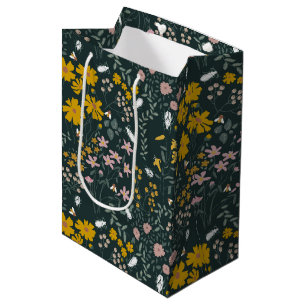 Sacola Para Presentes Média Besouros Florais de Mostarda e Abelhas Flores Boêm
