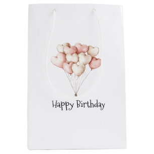 Sacola Para Presentes Média Bexiga Rosa Creme Corações Balões Aniversário