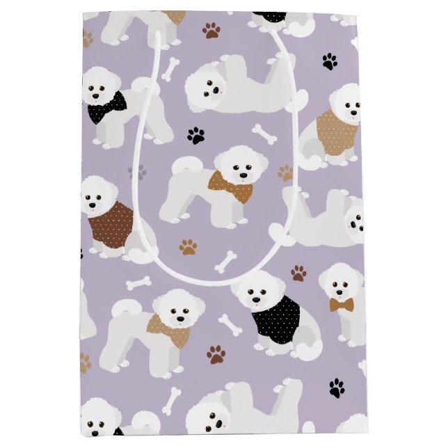 Sacola Para Presentes Média Bichon Frise Bones e patas Roxo (Frente)