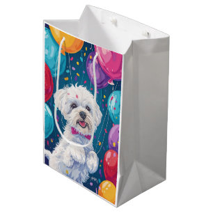 Sacola Para Presentes Média Bichon Frise com Balões