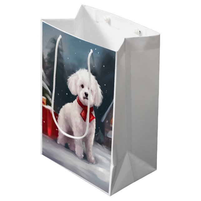 Sacola Para Presentes Média Bichon Frise Dog no Natal da Neve (Frente inclinada)