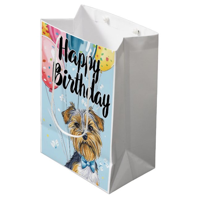 Sacola Para Presentes Média Biewer Terrier com Balões (Frente inclinada)