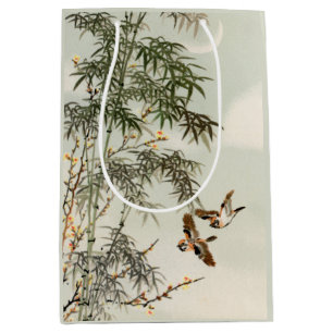 Sacola Para Presentes Média Birds Bamboo Asian Japonês Vintage