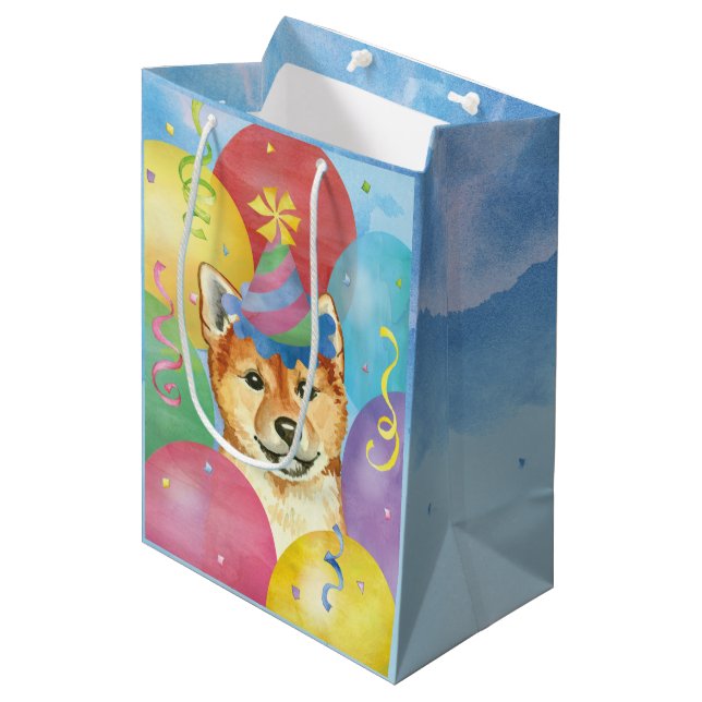 Sacola Para Presentes Média Birthday Balloons Shiba Inu (Frente inclinada)