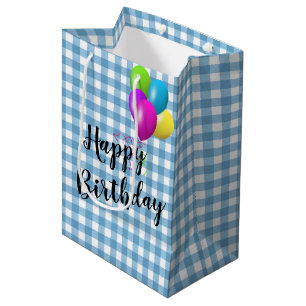 Sacola Para Presentes Média Birthday Blue e White Gingham