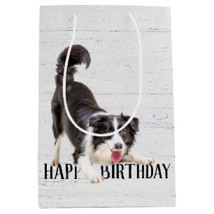 Sacola Para Presentes Média Birthday Border Collie on Wood