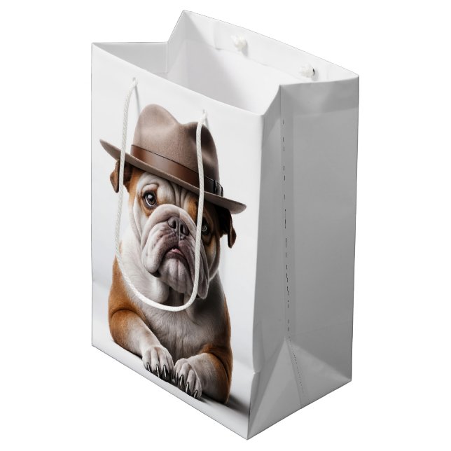 Sacola Para Presentes Média Birthday Bulldog Vestindo Fedora (Frente inclinada)