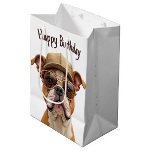 Sacola Para Presentes Média Birthday Bulldog Vestindo um Boné