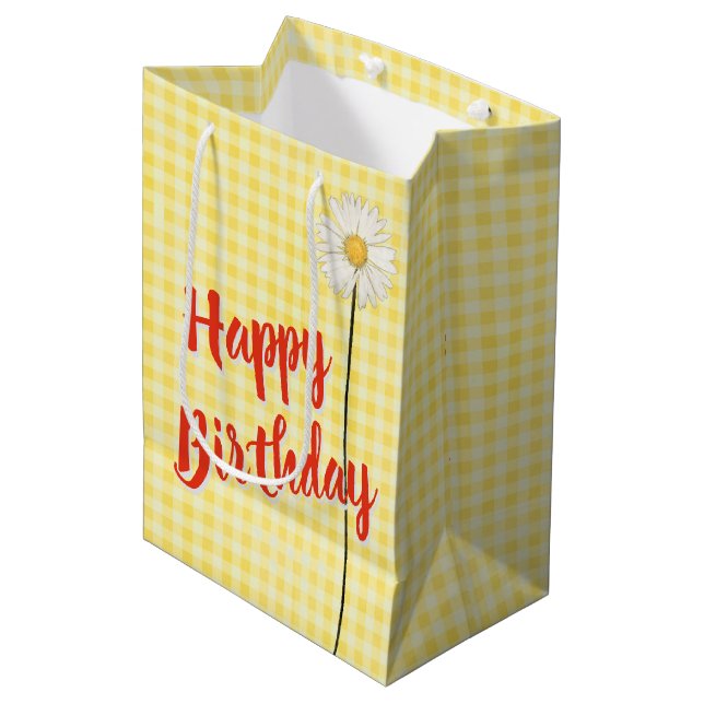 Sacola Para Presentes Média Birthday Daisy On Yellow Gingham (Frente inclinada)