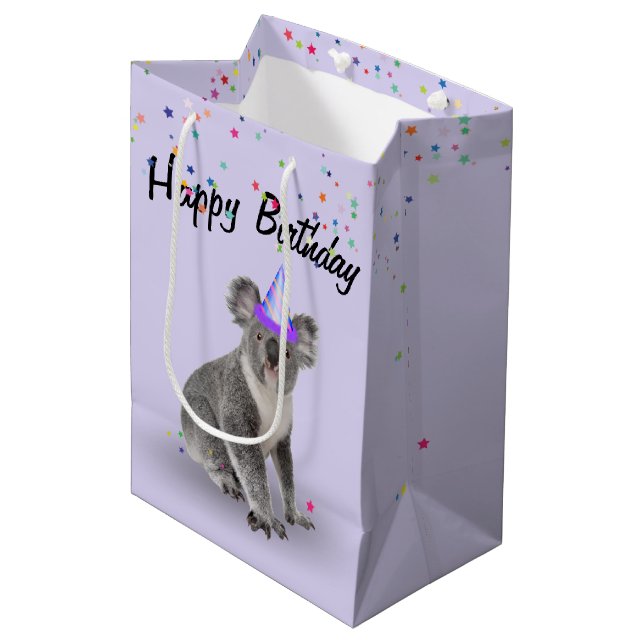Sacola Para Presentes Média Birthday Koala Bear e Star Confetti (Frente inclinada)