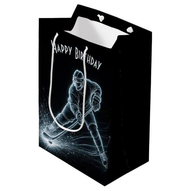 Sacola Para Presentes Média Birthday Neon Hockey Player On Ice (Frente inclinada)