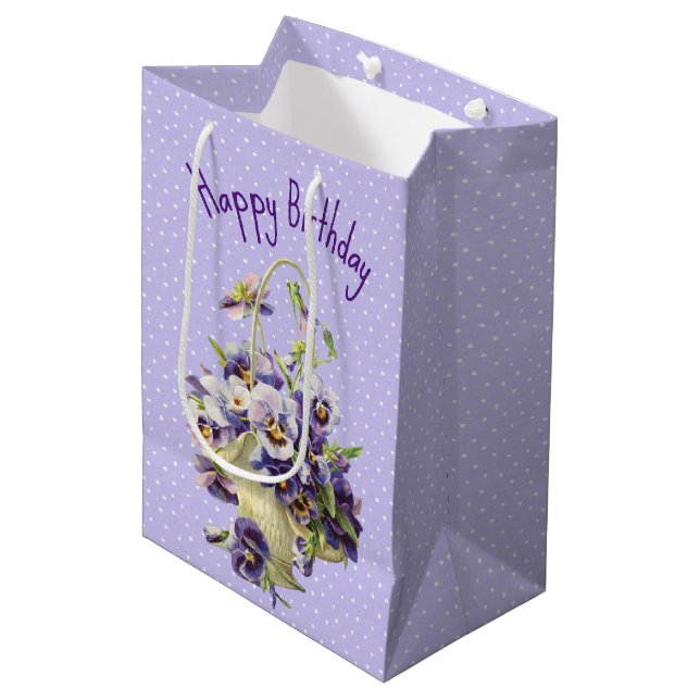 Sacola Para Presentes Média Birthday Pansy Basket Em Bolinhas (Frente inclinada)