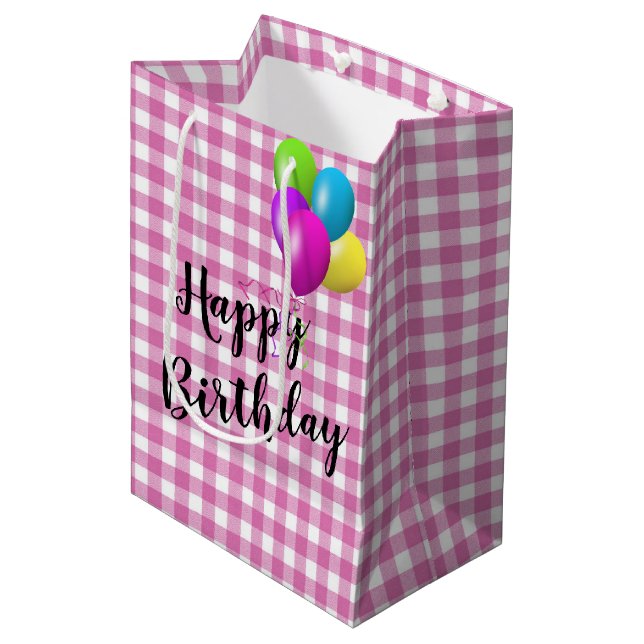 Sacola Para Presentes Média Birthday Pink e White Gingham (Frente inclinada)