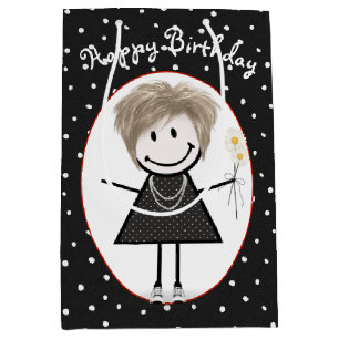 Sacola Para Presentes Média Birthday Stick Figure Girl On Bolinhas