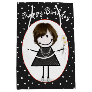 Sacola Para Presentes Média Birthday Stick Figure Girl On Bolinhas