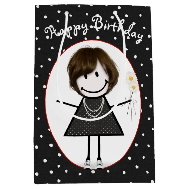 Sacola Para Presentes Média Birthday Stick Figure Girl On Bolinhas (Frente)