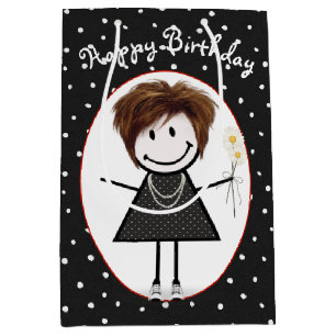 Sacola Para Presentes Média Birthday Stick Figure Girl On Bolinhas