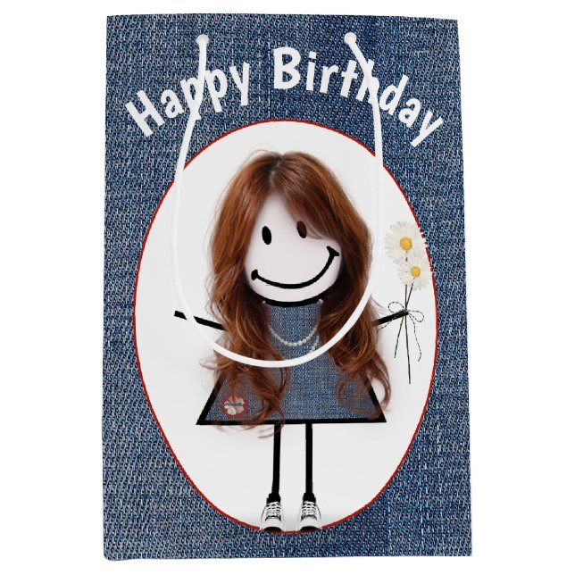 Sacola Para Presentes Média Birthday Stick Figure Girl On Denim (Frente)