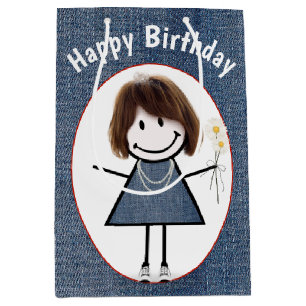 Sacola Para Presentes Média Birthday Stick Figure Girl On Denim