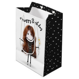 Sacola Para Presentes Média Birthday Stick Figure Girl with Daisiers