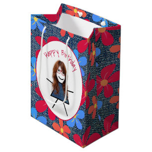 Sacola Para Presentes Média Birthday Stick Girl and Daisies On Blue Denim