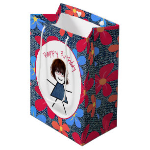 Sacola Para Presentes Média Birthday Stick Girl and Daisies On Blue Denim