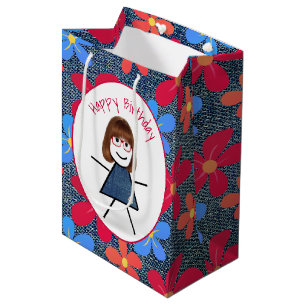 Sacola Para Presentes Média Birthday Stick Girl and Daisies On Blue Denim
