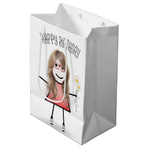 Sacola Para Presentes Média Birthday Stick Girl com Buquê Daisy