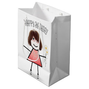 Sacola Para Presentes Média Birthday Stick Girl com Buquê Daisy