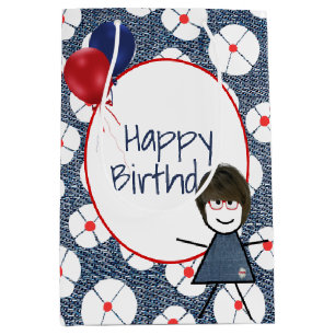 Sacola Para Presentes Média Birthday Stick Girl com cabelo