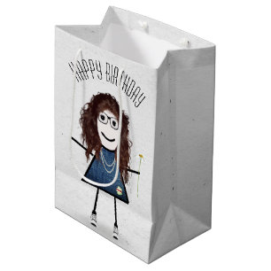 Sacola Para Presentes Média Birthday Stick Girl com Daisy