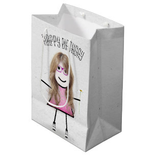 Sacola Para Presentes Média Birthday Stick Girl com Daisy