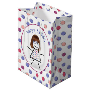 Sacola Para Presentes Média Birthday Stick Girl em Bolinhas