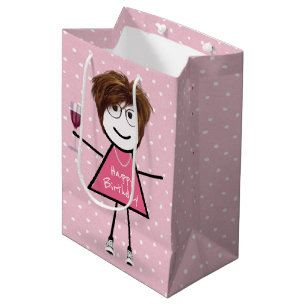 Sacola Para Presentes Média Birthday Stick Girl Em Bolinhas