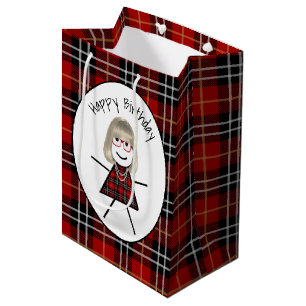 Sacola Para Presentes Média Birthday Stick Girl na Xadrez de Tartan