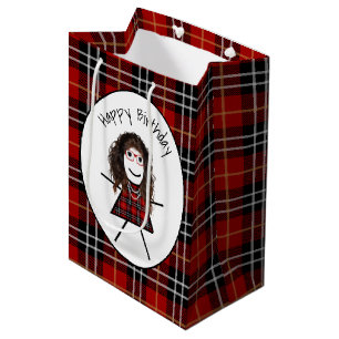 Sacola Para Presentes Média Birthday Stick Girl na Xadrez de Tartan