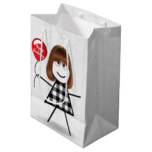 Sacola Para Presentes Média Birthday Stick Girl with Balloon on Wood 
