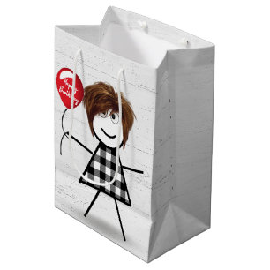 Sacola Para Presentes Média Birthday Stick Girl with Balloon on Wood